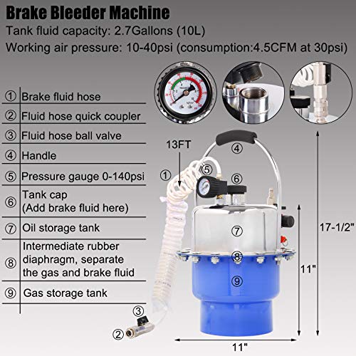 YSTOOL Brake Bleeder Kit Pneumatic Pressure Brake Clutch Fluid Bleeding Tool Set with Master Cylinder Adatpers Air Power Pressurized Oil Change Bleeder Machine and Waste Oil Collection Bottle (Blue) - color: Blue
