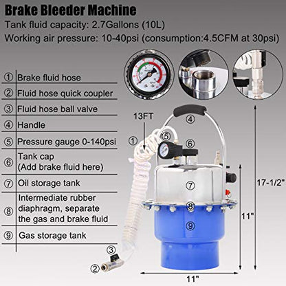 YSTOOL Brake Bleeder Kit Pneumatic Pressure Brake Clutch Fluid Bleeding Tool Set with Master Cylinder Adatpers Air Power Pressurized Oil Change Bleeder Machine and Waste Oil Collection Bottle (Blue) - color: Blue
