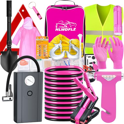 Car Roadside Emergency Kit, Vehicle Truck Safety Emergency Road Side Assistance Kits with Jumper Cables, Pink - color: Pink, size: 91pcs