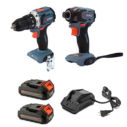 SENIX X2 20 Volt Max* 2-Piece Cordless Power Tool Kit with Battery Powered 1/2-Inch Drill Driver and 1/4-Inch Impact Driver, Includes Storage Bag, 2 2.0 Ah Batteries & Charger (S2K2B2-01) - style: Drill Driver and Impact Driver