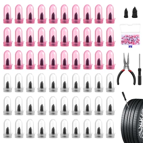 60pcs Tire Repair Screws Kit with Pliers and Screwdriver, Vacuum Rubber Nails Self-Service Flat Tire Plug Kit for Tubeless Car, Truck, Motorcycle, ATV, Tractor Puncture Emergency Repair