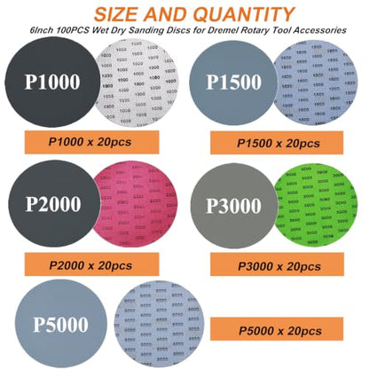 100PCS 6 Inch Wet Dry Sanding Discs for Dremel Tool Accessories,1000/1500/2000/3000/5000 Grit Hook and Loop Sandpaper Used for Random Orbital Sander,Metal,Resin Polishing - size: 6Inch-100PCS