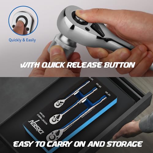 DISEN 3-Piece Standard Ratchet Set – 1/4", 3/8", 1/2" Drive with EVA Storage Tray | 100-Tooth Ratchet, Non-Slip Grip, Quick Release Button | Reversible Design with 3.6° Swing for Tight Spaces - size: 1/4''+3/8''+1/2'' Set, style: 100T Standard Ratchet Set