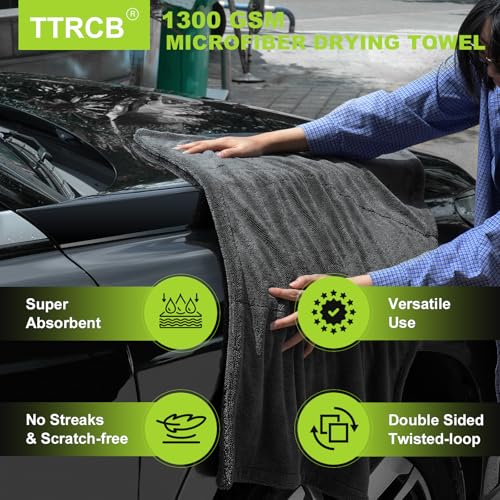 TTRCB 2 Pack 1300 GSM Car Drying Towels (36" x 24"), Microfiber Towels for Cars, Ultra-Absorbent, Streak Free, Car Wash Mitt, Car Detailing Supplies, Car Wash Kit, Car Cleaning Supplies Kit for SUV,RV