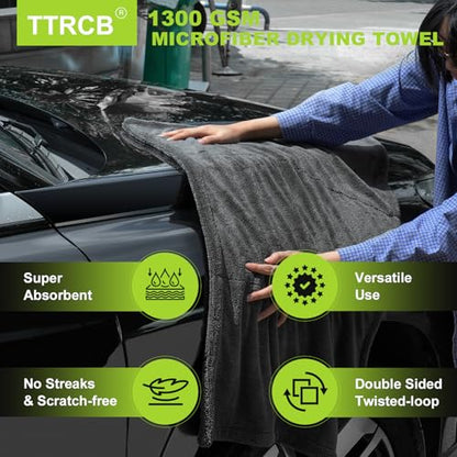 TTRCB 2 Pack 1300 GSM Car Drying Towels (36" x 24"), Microfiber Towels for Cars, Ultra-Absorbent, Streak Free, Car Wash Mitt, Car Detailing Supplies, Car Wash Kit, Car Cleaning Supplies Kit for SUV,RV
