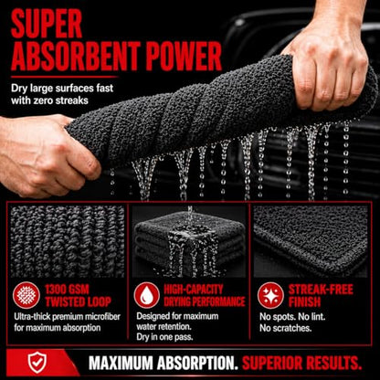 Microfiber Car Drying Towel & Interior Cleaning Cloth Set (2-Piece), 1300 GSM 24” x 36” Twisted Loop + 550 GSM 16” x 16” Coral Fleece, Streak-Free, Scratch-Free, Auto Detailing for Cars, Trucks & SUV