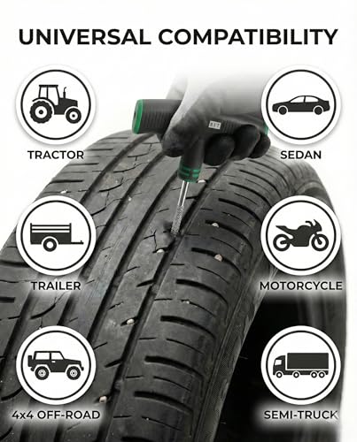 20PCS Tire Repair Kit – Flat Tire Plug Kit includes Ergonomic T-Handle Tools with Rubber Covered Grip, 2 Sizes Tire Repair strips, Knife, Tire Pressure Gauge & Lubricant – Car, SUV, Motorcycle, ATV