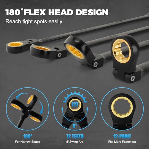 Extra Long Flex-Head Ratcheting Wrench Set(8-19mm), 6PCS Double Box End Long Reach Ratchet Wrench Set, Metric, CR-V Steel, 12 Point, 72-Tooth Ratchet, with Storage Pouch - style: 6-Piece Set (Extra Long Flex-Head Metric)