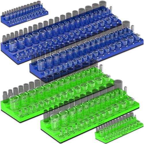 Olsa Tools Magnetic Socket Organizer - 1/4", 3/8" & 1/2-Inch Drive Metric & SAE Socket Holder 6pc Set - Professional Tool Holder & Organizer - Stores 273 Sockets - Green - Part: 1668 - color: Sae Green, Metric Blue, size: 6pc - 1/4-inch, 3/8-inch, & 1/2-i