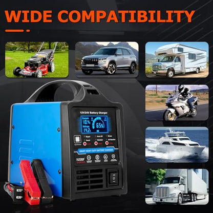 12V 24V Lead-Acid Battery Charger Heavy Duty, 0-15A Smart Automatic Battery Maintainer, Trickle Charger with Repair, Auto Off, Winter & Summer Mode, for Car Truck Boat Motorcycle RV Lawn Mower (Blue)