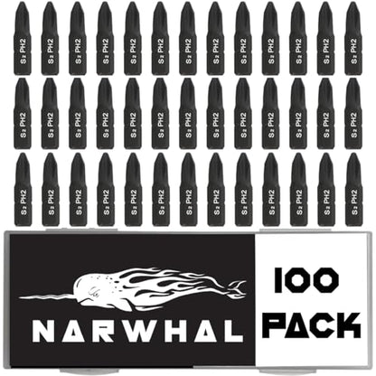 Narwhal Phillips #2 Screwdriver Impact Bits - 1 Inch (Bulk 100 Pack - Industrial Grade) Impact Rated CR-M Alloy Steel PH2 Magnetic Head Bits with Case. - style: Phillips - PH2