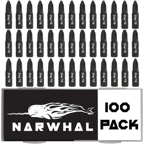 Narwhal Phillips #2 Screwdriver Impact Bits - 1 Inch (Bulk 100 Pack - Industrial Grade) Impact Rated CR-M Alloy Steel PH2 Magnetic Head Bits with Case. - style: Phillips - PH2
