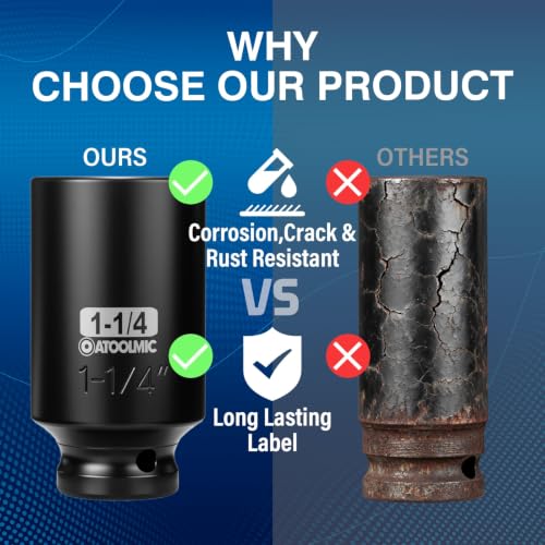 1/2" Drive x 1-1/4 Inch Deep 6PT CR-MO Impact Socket for Removing Axle nut | SAE Socket,6-Point Radius Corner Design,Two Size Markings,Square Chamfered Opening,For Removal of Axle Nut - size: 1-1/4 Inch, style: 1/2" Drive Deep Socket