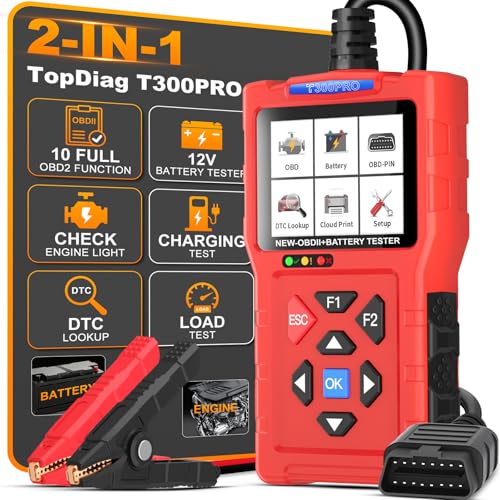 TopDiag T300PRO Car Code Reader & 12V/24V Battery Tester, Automotive Scan Tool for Check Engine Light, Live Data, and Car Battery Health Analyzer for DIYer - color: T300PRO-RED