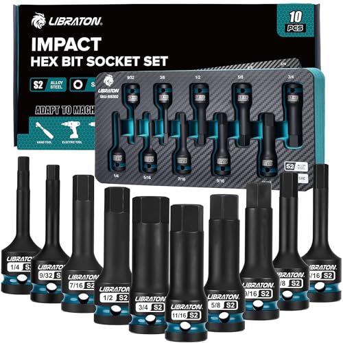 LIBRATON Impact Hex Bit Socket Set, 1/2" Dr, S2 Steel, High Torque Sockets | 10PCS (SAE 1/4"-3/4") for Professional Mechanics & Automotive Repair (XPE Storage Case) - style: SAE
