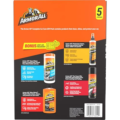Armor All Car Cleaning Kit, Glass Wipes, Protectant, Wash & Wax, Tire Foam | 4-piece car wash detailing kit with ammonia-free glass wipes and UV protectant spray for interior surfaces - style: Complete Car Care Kit 5pc