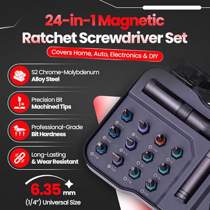 24 in 1 Magnetic Ratchet Screwdriver Set, Magnetic Screwdriver Set with Multi-Bit Ratcheting Handle & Bit Magnetizer, Compact Repair Tool Kit with Storage Case for Furniture, Computer, Bicycle and DIY - size: 24 in 1