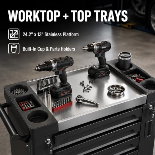 7-Drawer Rolling Tool Chest, Tool Box Lockable Metal Tool Cabinet with Side Storage Cabinet, Ball Bearing Slides Steel Organizer,Heavy-Duty Powder-Coated Tool Cart for Garage Workshope, Black - size: 7 Drawers- Black