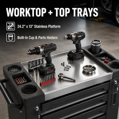 7-Drawer Rolling Tool Chest, Tool Box Lockable Metal Tool Cabinet with Side Storage Cabinet, Ball Bearing Slides Steel Organizer,Heavy-Duty Powder-Coated Tool Cart for Garage Workshope, Black - size: 7 Drawers- Black
