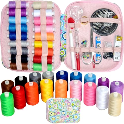 Sewing Kit with Case Portable Sewing Supplies for Home Traveler, Adults, Beginner, Emergency, Contains 18 Sewing Thread, Scissors, Needles, Measure etc,Black (Blue Flowers） - color: Blue Background Flowers, size: 1 Pack