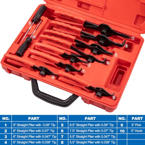 Toolwiz Snap Ring Pliers Set, 10 Pcs Internal & External Circlip Pliers | Retaining Ring Circlip C Clip Pliers, Bent Straight, Automotive Tools, Snap Ring Tool With Hook & Pick, Storage Case