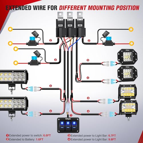 Nilight 16AWG LED Light Bar Wiring Harness Kit 12V On/Off 3 Gang LED Pod Lights Rocker Switch Panel Power Relay Fuse 5Pin Toggle for Cars Boat ATV Trucks-6 Leads - color: 3Gang Rocker Switch 16AWG Wiring Harness