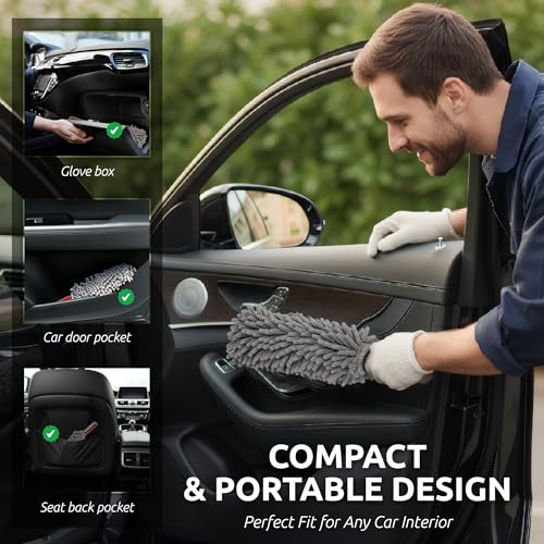 TAKAVU Car Duster Interior, 360° Microfiber Fingers, Lint & Scratch Free | Unbreakable Comfort Handle Duster, Includes Microfiber Towel, Lint-Free & Safe for Car & Home Interior, Gray - size: Microfiber Chenille