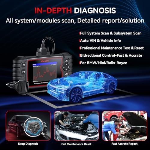 iCarsoft Bidirectional Diagnostic Tool for BMW/Rolls-Royce/Mini, BMM V3.0 All Resets/Battery Registration/ECU Coding Full System OBD2 Scanner for BMW Code Reader, Battery Test,Auto VIN-2025 Ver