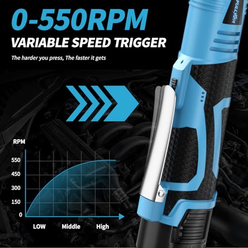 FULLYEA Electric Ratchet Wrench Set,18V Cordless Ratchet Tool Kit,550 RPM, 3/8" Variable Speed Power Ratchet Wrench with LED Light, 2 * 2.0Ah Batteries and Fast Charger, Blue