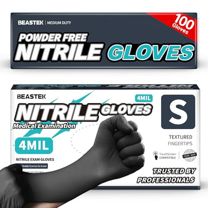 Beastek Nitrile+™ 4 Mil Disposable Exam Gloves, Latex & Powder-Free Medical Food Safe Glove for Cooking Cleaning, Black 100Ct - color: 100 Black (Small)