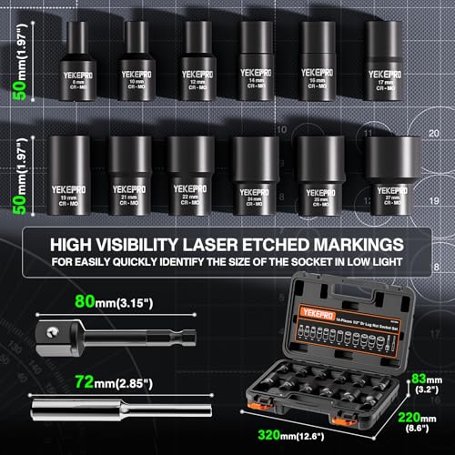 14Pcs 1/2" Drive Lug Nut Removal Tool, Impact Twist Extractor Set | Stripped For Damaged, Frozen, Studs, Rusted, Rounded-Off Bolts, Nuts & Screws, Cr-Mo - size: 14-Piece Twist Socket Set