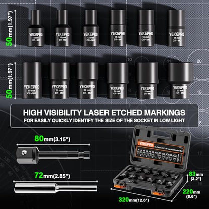 14Pcs 1/2" Drive Lug Nut Removal Tool, Impact Twist Extractor Set | Stripped For Damaged, Frozen, Studs, Rusted, Rounded-Off Bolts, Nuts & Screws, Cr-Mo - size: 14-Piece Twist Socket Set