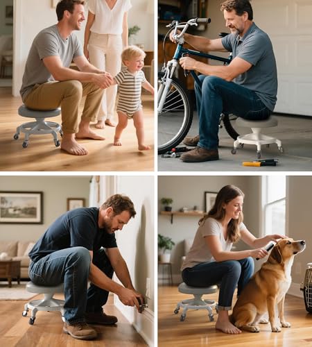 Upgraded Low-Profile Rolling Stool with 360° Smooth Rubber Wheels – Heavy-Duty 450lbs, Flat Waffle PU Seat, & Anti-Tip Base | Ideal for Home, Office, Salon, Workshop, Mechanic, Garage, Grey - style: Flat Waffle Grey Seat White Frame