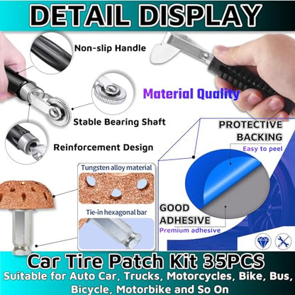 35PCS Flat Tire Repair Kit Car Tire Patch Kit Heavy Duty Tire Repair Tool Car Tire Repair Kit,30pcs Tire Patches 32mm/42mm/58mm with Tire Patch Roller Tire Inner Liner Scraper for Car Motorcycle Bike