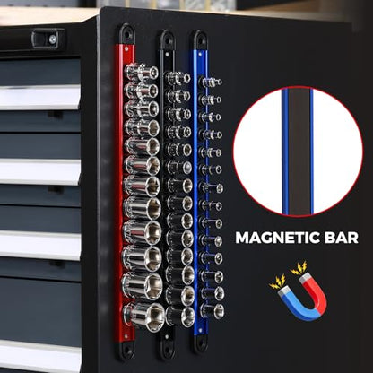 Mayouko 8-Piece Magnetic Socket Organizer and Magnetic Screwdriver Organizer Set, 6-Piece 1/4", 3/8" & 1/2" Drive Socket Rails, 2-Piece Wrench Organizer, Aluminum Rail Magnetic Tool Organizer