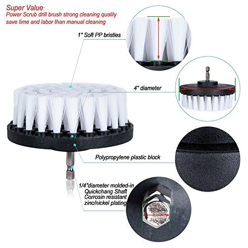 HIFROM Drill Brush - 4 inch Power Drill Attachment Soft Bristle White Quick Change Shaft Scrub Cleaning Brush for Carpet, Upholstery, Leather, Glass (White) - color: White