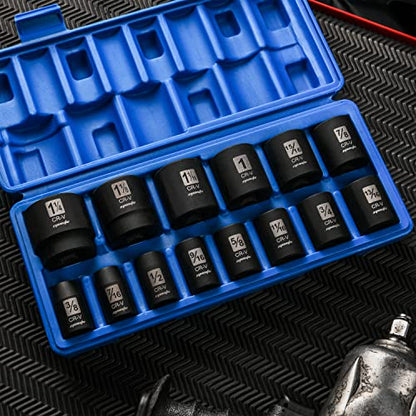 EPAuto 1/2-Inch Drive SAE Shallow Impact Socket Set, CRV, 6-Point 14 Sockets - style: SAE - Shallow
