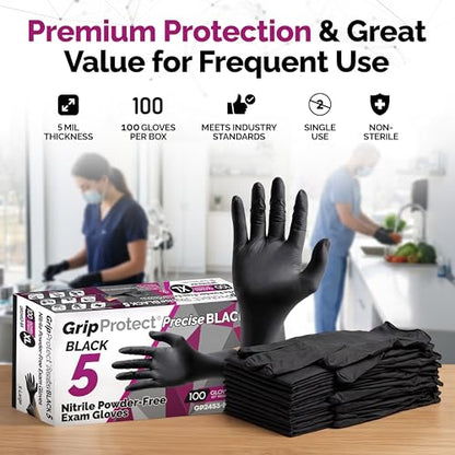 GripProtect Precise 5 Mil Black Nitrile Gloves – Chemical Resistant Nitrile Gloves with Textured Grip for Mechanics, Janitorial, Tattoo & Food Prep – Medical Grade Disposable Gloves (XL, 100) - size: XL