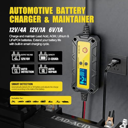 Shell Car Battery Charger 6V/12V- Smart Battery Charger 4A/1A with LCD Display, Automatic Lithium & Lead-Acid Tickle Charger Maintainer & Desulfator for Car Motorcycle Lawn Mower Boat Deep Cycle