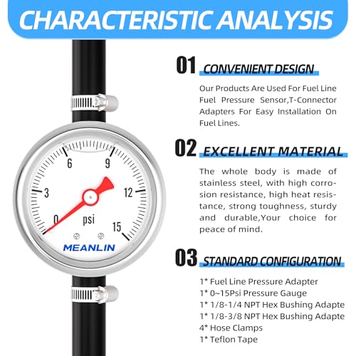 MEANLIN MEASURE 0-15Psi Stainless Steel Glycerin Filled Pressure Gauge 1/8" NPT 1.5" Face Dial, with 3/8" Barb Pressure Adapter, 9-Piece Kit, Back Mount - size: 0-15Psi