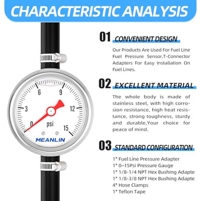 MEANLIN MEASURE 0-15Psi Stainless Steel Glycerin Filled Pressure Gauge 1/8" NPT 1.5" Face Dial, with 3/8" Barb Pressure Adapter, 9-Piece Kit, Back Mount - size: 0-15Psi