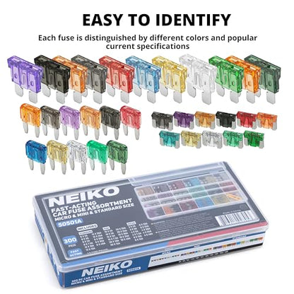 NEIKO 50501A Car Fuse Master Assortment Set, 300pc, Fast Acting, Auto Fuses Kit, Standard, Micro & Mini Sizes, 2A, 3A, 5A, 10A, 15A, 20A, 30A, 35A & 40 Amp, Marine Boat, Automotive, RV, Car Fuse Kit - style: Standard, Mini, Micro Car Fuse Set (2A–40A)