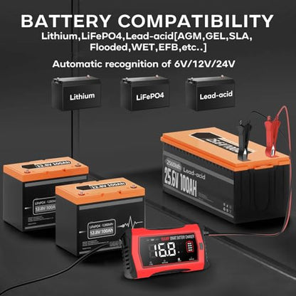 Haisito 16-Amp Smart Battery Charger (6V/12V/24V), Fully Automatic Trickle Charger Maintainer & Desulfator for Car Boat RV - Supports Lithium LiFePO4, AGM, Gel, Deep Cycle Lead-Acid Batteries - color: 16A