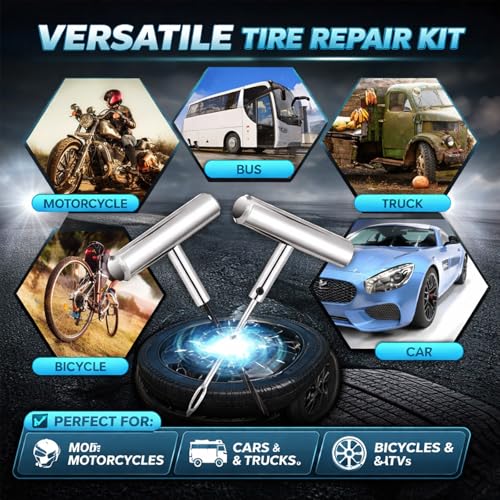 Auto Stainless Steel Solid T-Handle Set - Pro Heavy Duty Spiral Probe & Split Eye Needle Tire Repair Set for Tire Plug Kits & Patch/Fix Tire Plugs
