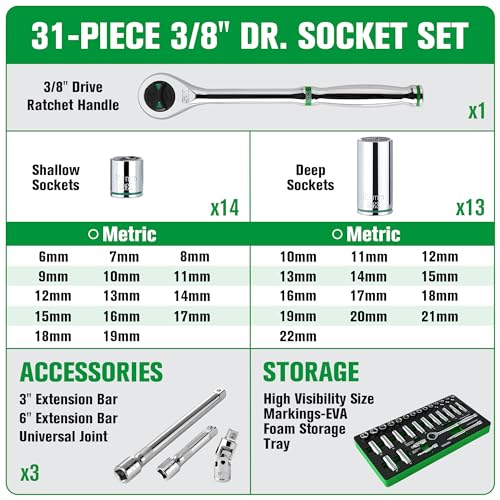 SK 3/8" Drive Socket Set with 160-P Ratchet, Metric, CR-V Steel | 31-Piece Sockets, SuperKrome Finish, Heat Treated, with EVA Foam Tool Organizer - size: Metric