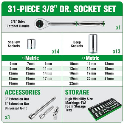 SK 3/8" Drive Socket Set with 160-P Ratchet, Metric, CR-V Steel | 31-Piece Sockets, SuperKrome Finish, Heat Treated, with EVA Foam Tool Organizer - size: Metric