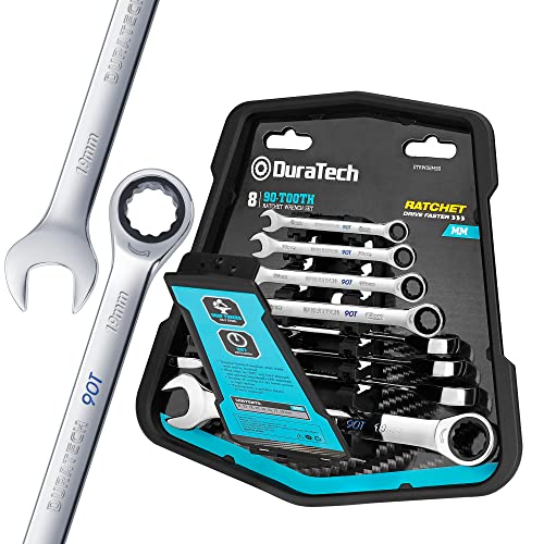 DURATECH 90-Tooth Ratcheting Wrench Set, Combination Wrench Set, 8-Piece, Metric, 8, 10, 12, 13, 14, 15, 17, 19mm, CR-V Steel, Organized in Wrench Rack - size: Metric