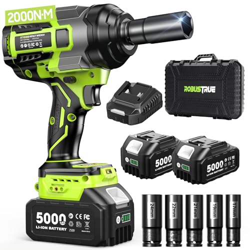 Robustrue Cordless Impact Wrench,1475Ft-lbs (2000N.m) 1/2 High Torque Brushless Impact Gun, 18V Power Impact Driver, 2 * 5000mAh Battery,5 Sockets, Brushless Variable Speeds for Car/Truck RV/Mower