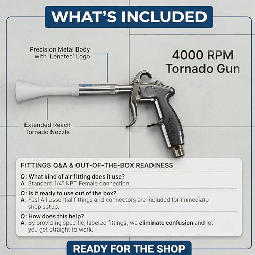 LE LEMATEC Vortex Air Gun, 4000 RPM Compressor Car Detailing Tool | Tornado upholstery & carpet cleaner, interior dust blaster, blower nozzle, low noise, lightweight - size: 4,000 RPM