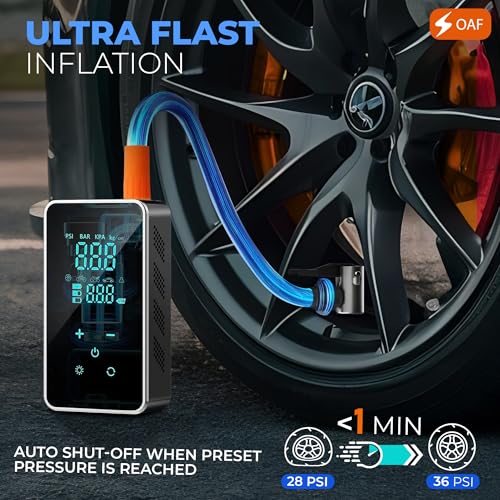 OAF Portable Tire Inflator Air Compressor – Cordless 150 PSI Digital Car Tire Pump with Auto Shut-Off, LED Light & Nozzles for Car, Motorcycle, Bike, Balls & Inflatables